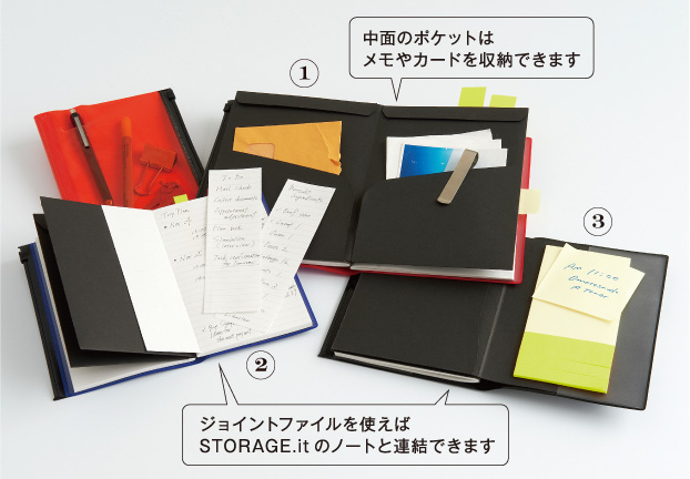 中面のポケットはメモやカードを収納できます/ジョイントファイルを使えばSTORAGE.itのノートと連結できます